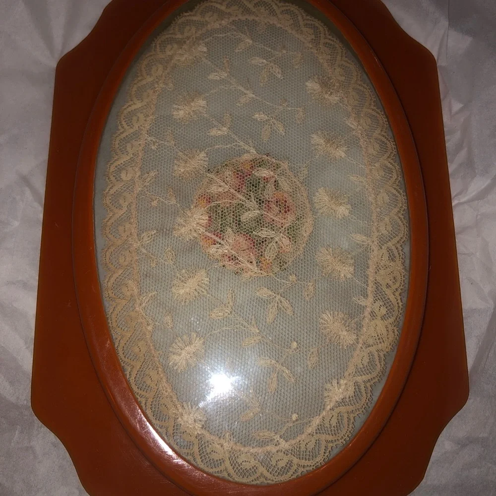Vintage pearly coral bakelite clear pressed lace tray